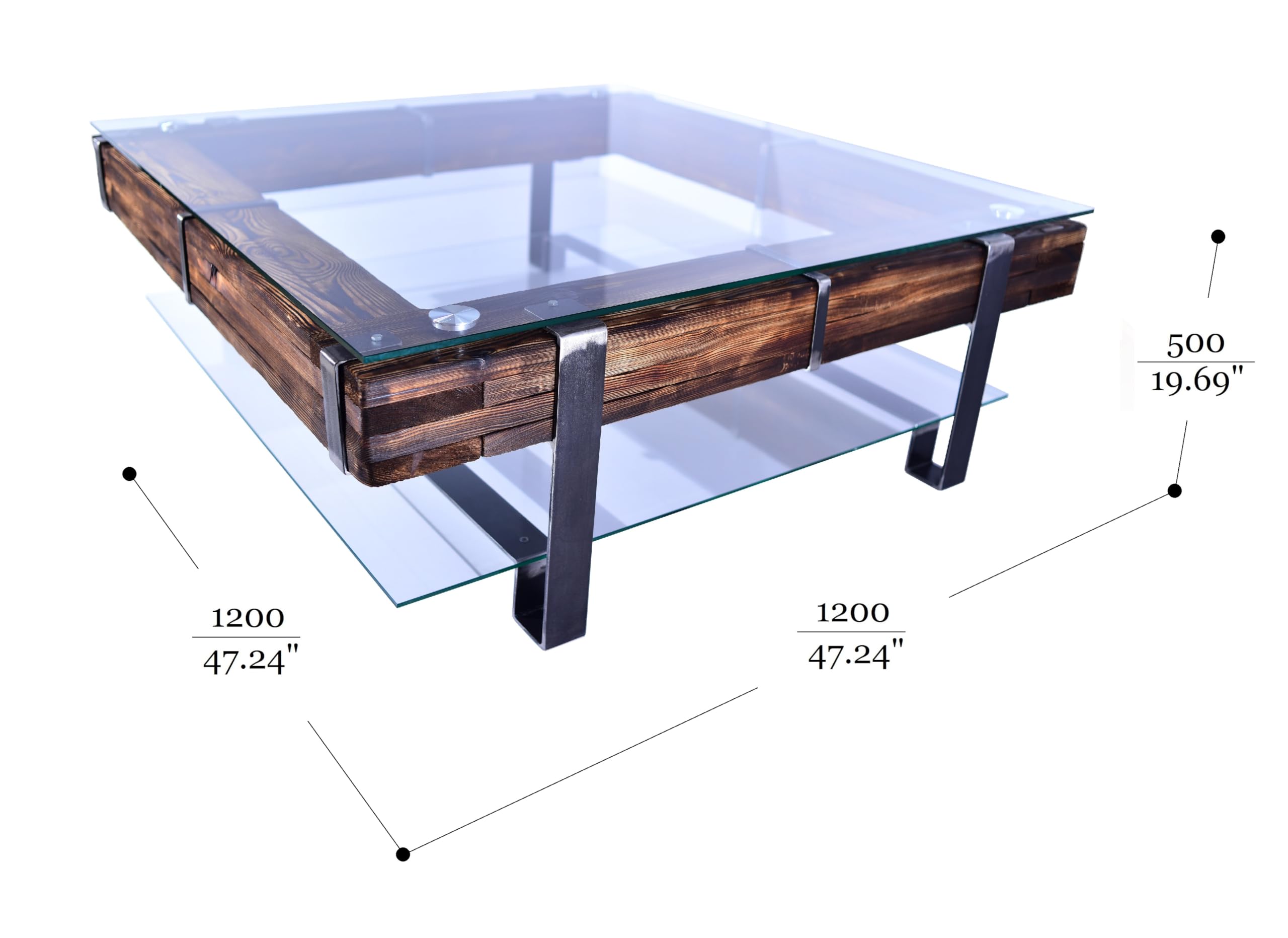 CHYRKA® Wohnzimmertisch Couchtisch Massivholz Metall Glastisch Holz Glas LEMBERG DROHOBYCZ Loft Handmade (Lemberg-Natur, 120x120 cm H=50 cm) Küche, Haushalt & Wohnen