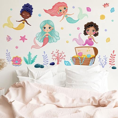 Miniatura 5 de Mfault Calcomanías de pared de sirena negra bajo el mar para bebés, criaturas oceánicas multiculturales, decoración de guardería, dormitorio, sala