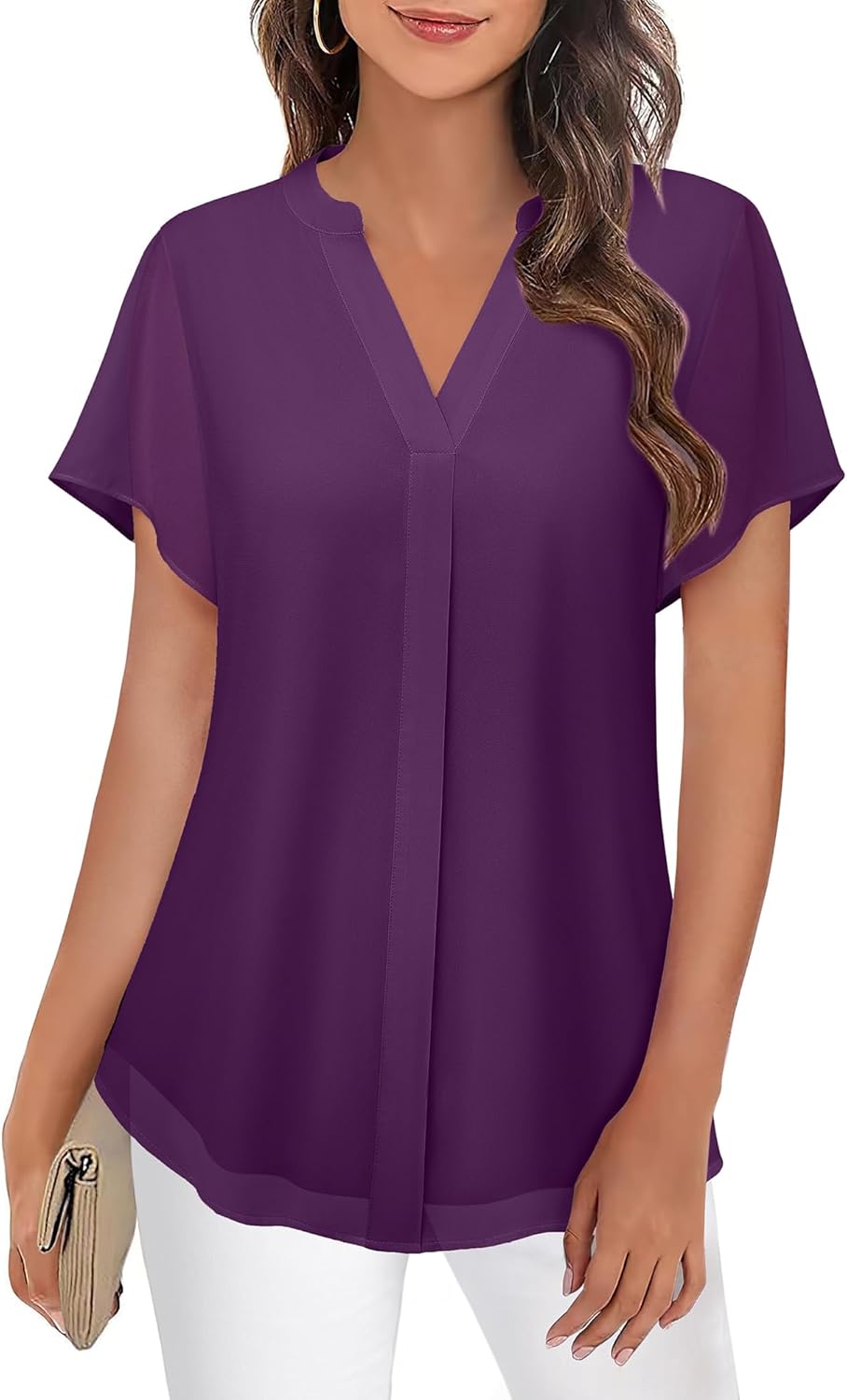 Bebonnie Womens Short Sleeve V Neck Double Layers Chiffon Blouses Dressy Casual Tunic Tops - Image 4