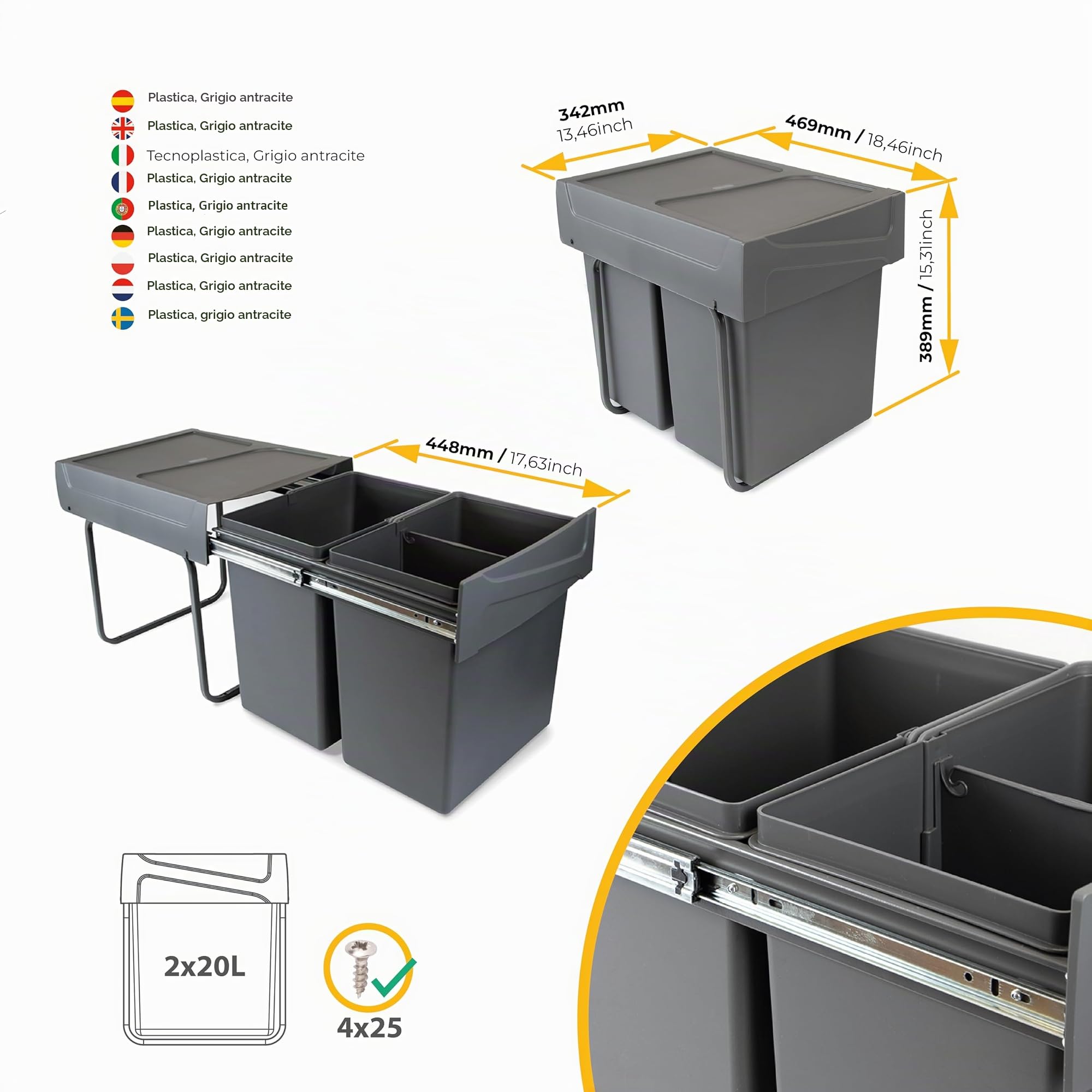 Emuca - Contenitori per rifiuti con Fissaggio Inferiore per Cucina, 2 pattumiere per Raccolta differenziata Estraibili da 20L, capacità Totale 40 L (2 x 20 L), Acciaio e plastica, Grigio Antracite.