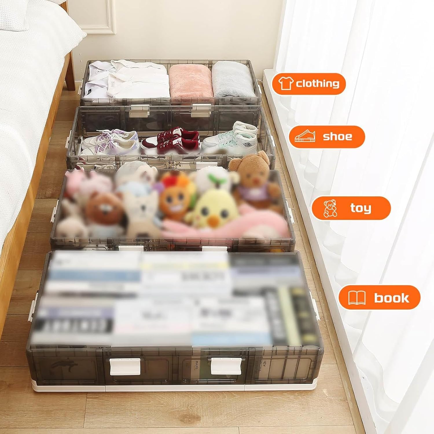 Underbed Storage with Wheels Plastic, Stackable, Underbed Storage Containers 17.4Gal Under Bed Clothes Storage for Clothes, Shoes, And Duvets