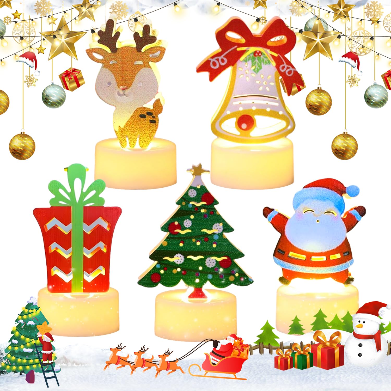 Velas Decorativas Navideñas LED, 5 Piezas Decoración Navidad Casa Interior Lámpara, Luces Decorativas Navideñas Funciona con Pilas, Luces de Velas Creativas Navideñas para Decoración de Interiores.