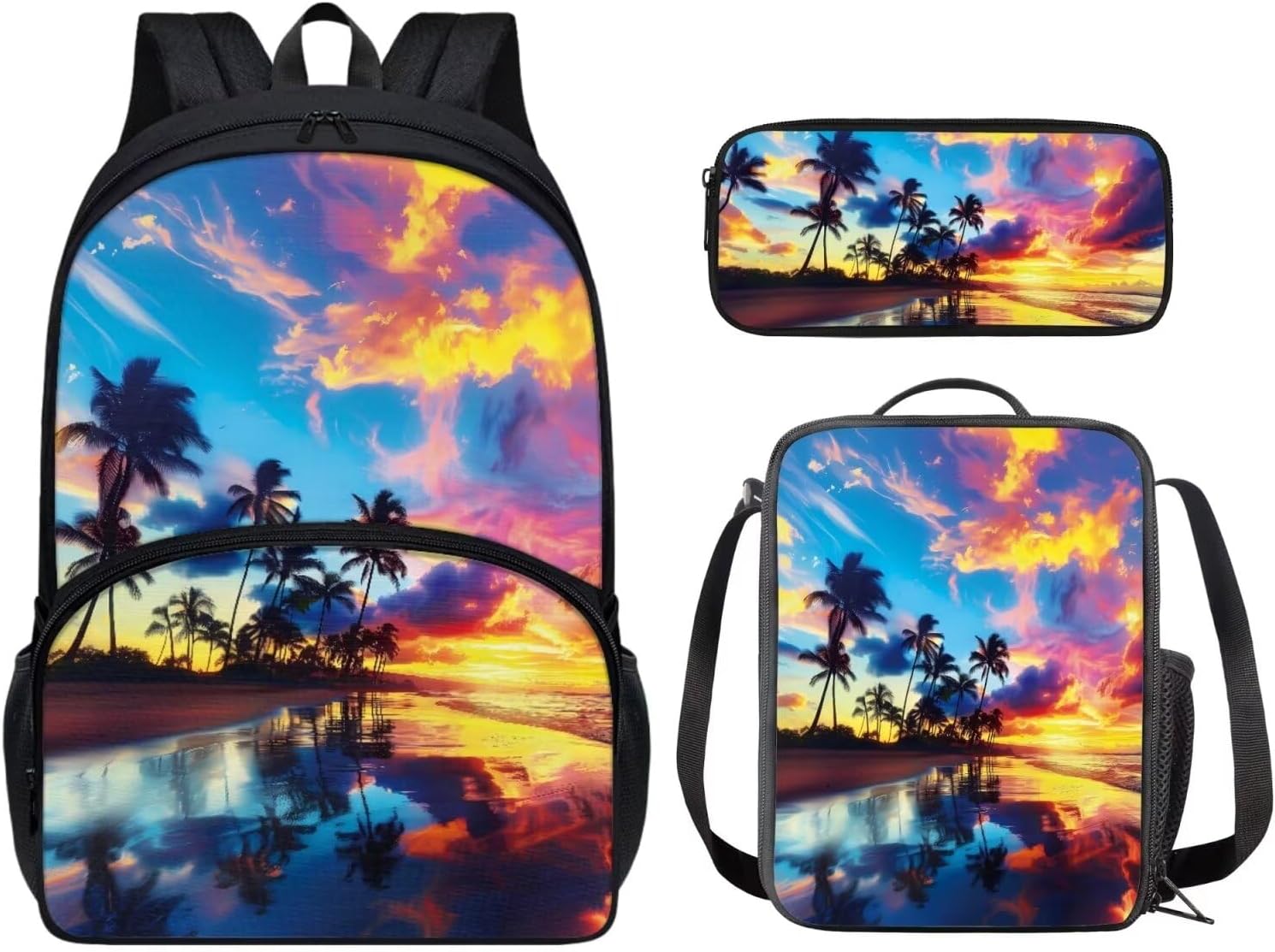 Palm Tree Kids Backpack with Lunch Box Pencil Bag, 3PCS Double Layer School Backpack Bookbag Set for Girls Boys, Back to School Supplies, Blue
