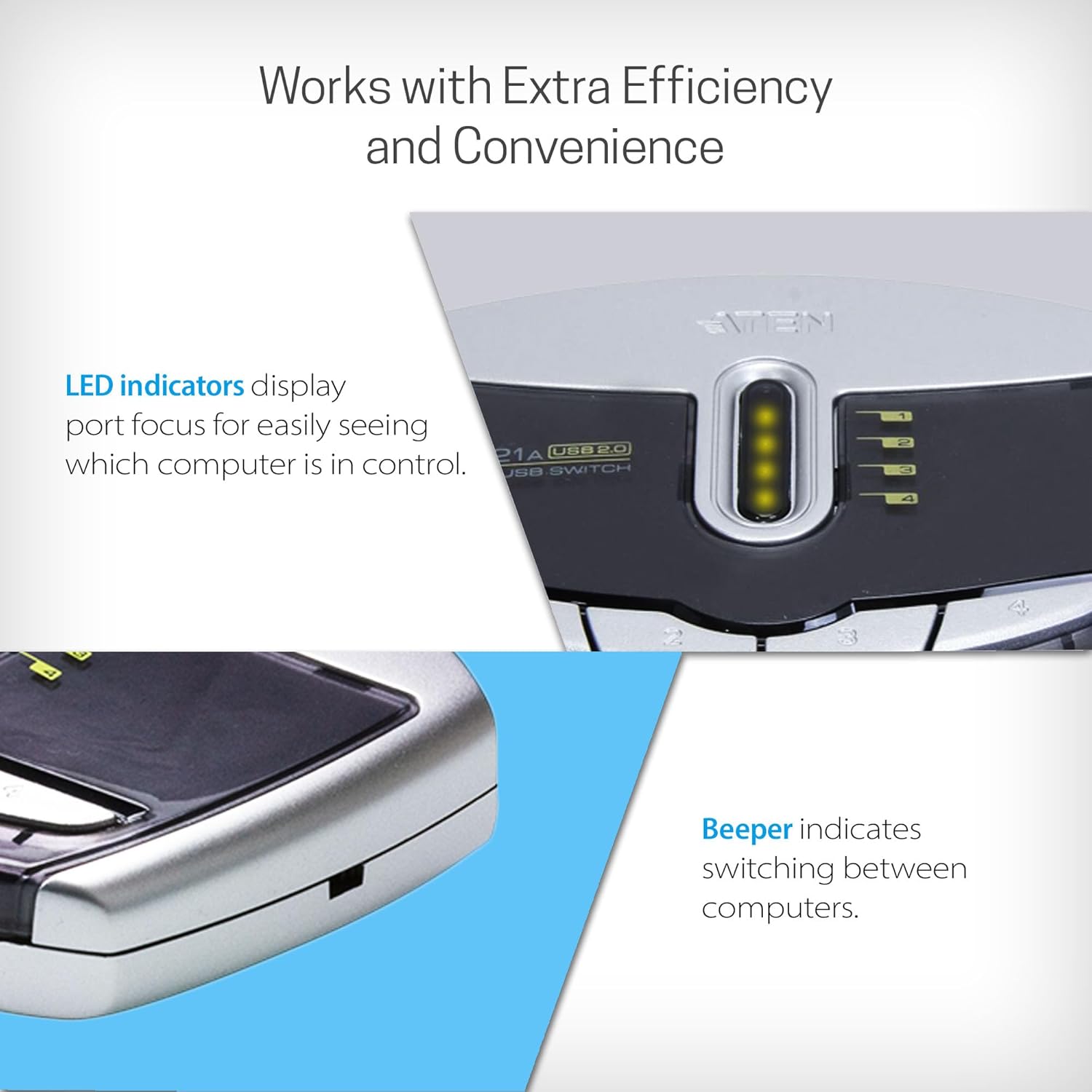 ATEN US221A 2-Port USB 2.0 Peripheral Switch, Includes 1x USB Type-A to USB Type-B Cable (1.8m)