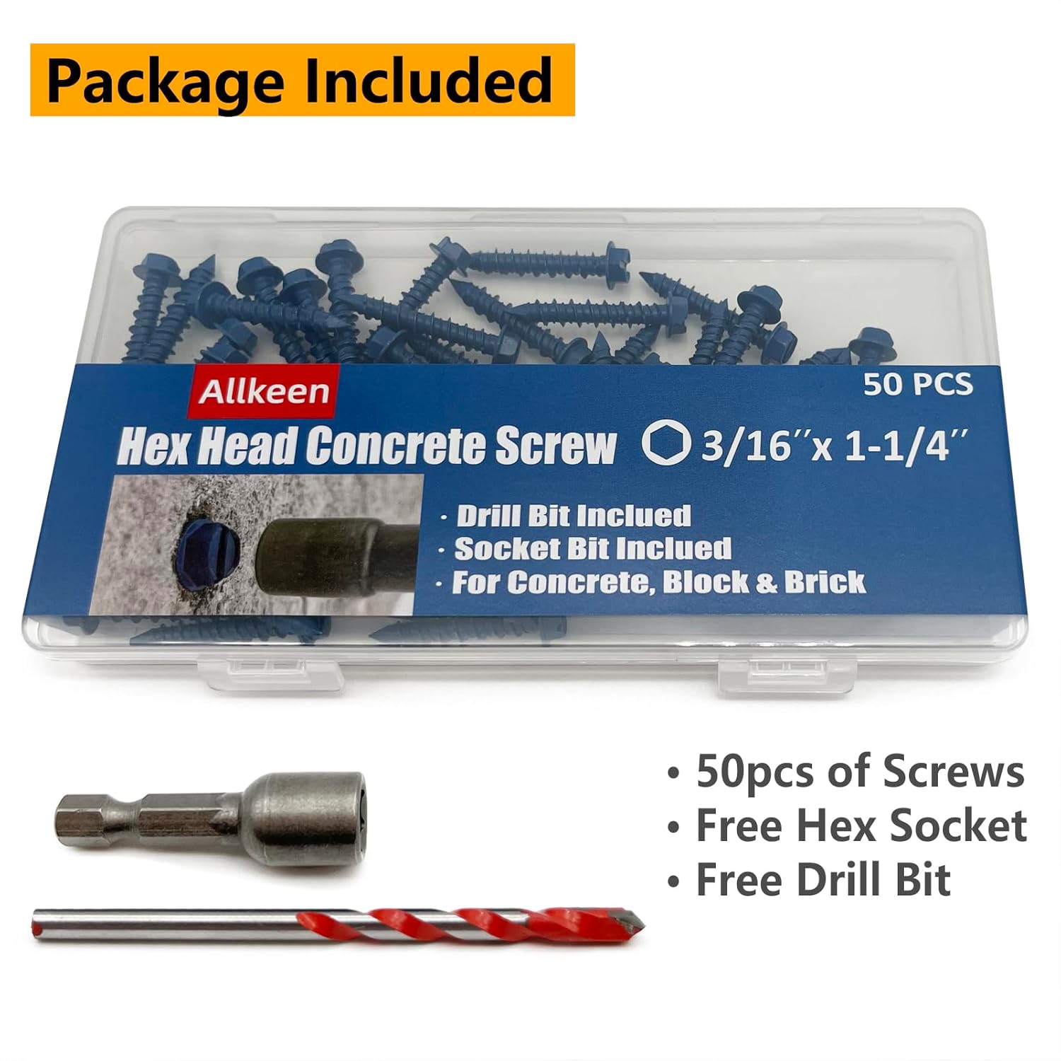3/16" x 1-1/4" Hex Head Concrete Screws, Anchoring to Masonry, Brick, Block, Cement or Stucco, 50PCS