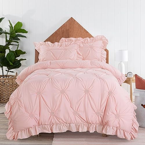 HOMBYS Juego de ropa de cama edredón rosa para niñas, juego de edredón plisado con pellizcos rubor de 3 piezas con volantes para todas las