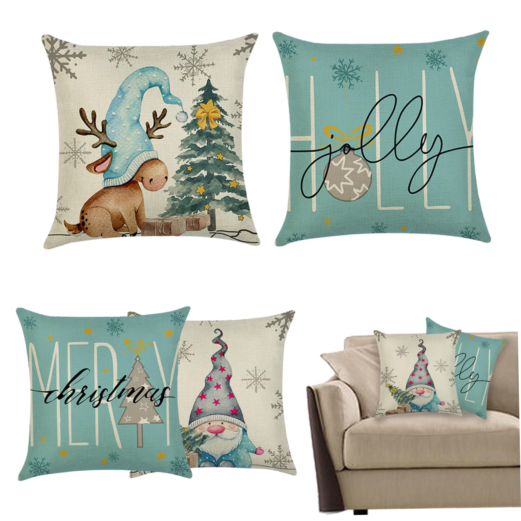 Housse de coussin Noël 45x45 cm lot de 4 motif cerf gnome en tissu respirant pour canapé