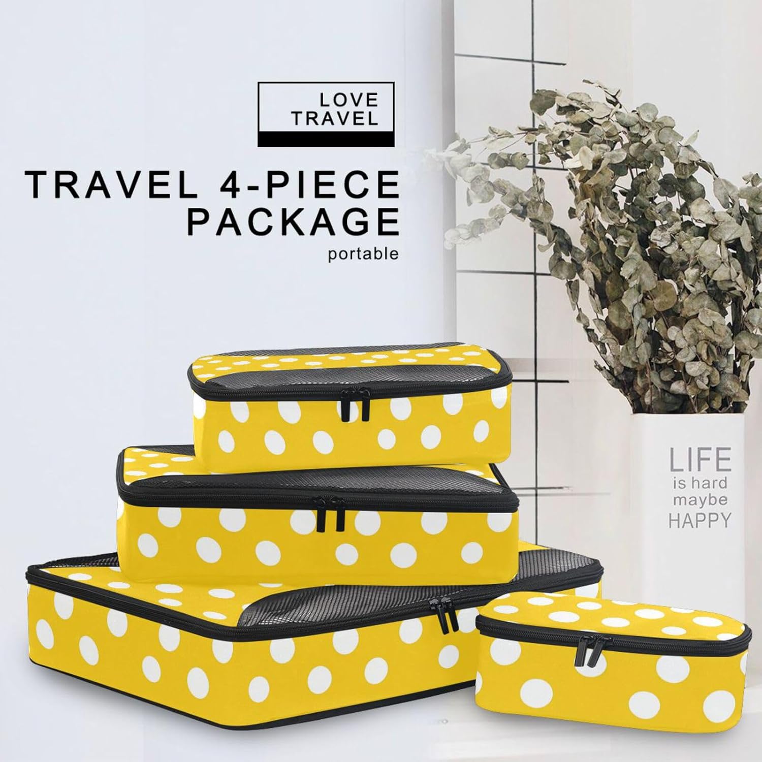 Modern White Rounds Dots Yellow 4 Pcs set luggage organizer bags Mesh Travel Essentials expandable travel cubes for packing