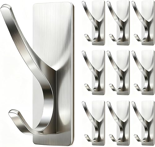 Miniatura 9 de Paquete de 4 ganchos autoadhesivos para colgar abrigos, dobles, de acero inoxidable, resistentes, para toallas, mochilas y sombreros, para baño,