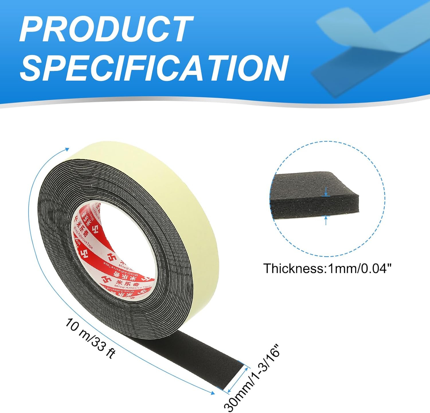 PATIKIL 1 3/16 Inch x 33 Ft Weather Stripping Door Seal Strip, 1mm Thick EVA Self Adhesive Foam Seal Tape for Door Window Insulation, Black