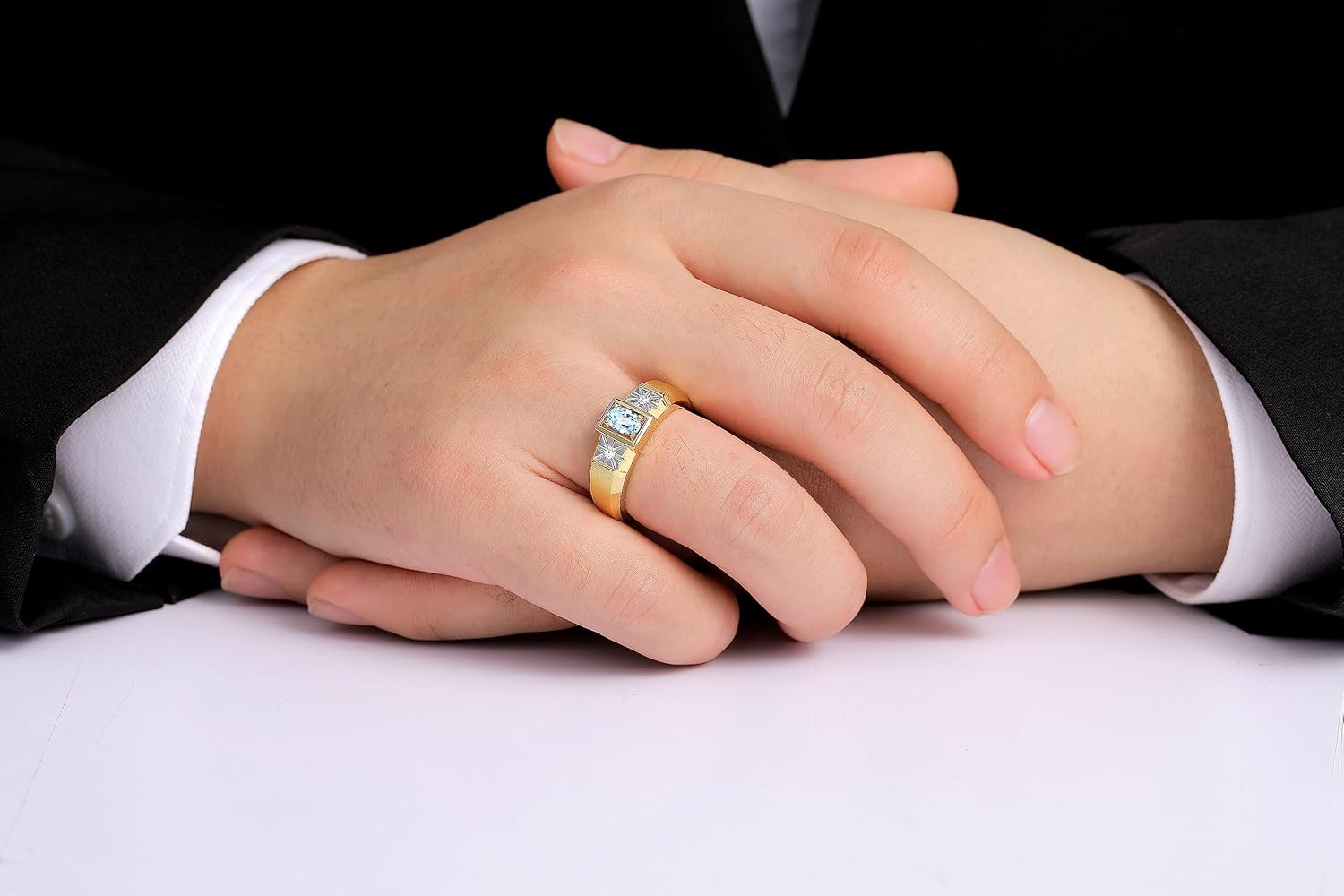 Rylos Men's Yellow Gold Plated Silver Classic Ring: 6X4MM Oval Gemstone & Sparkling Diamond Accent - Birthstone Rings for Men - Available in Sizes 8-13. - Image 2