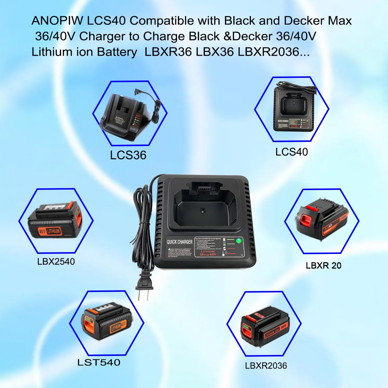Replace Black and Decker 40V Charger LCS36 LCS40 Compatible with Black+Decker 36V/40V Lithium Battery LBXR36 LBXR2036 LBX36 LBX1540 LBX2040 LBX2540 LST540 LCS1240 LST136W