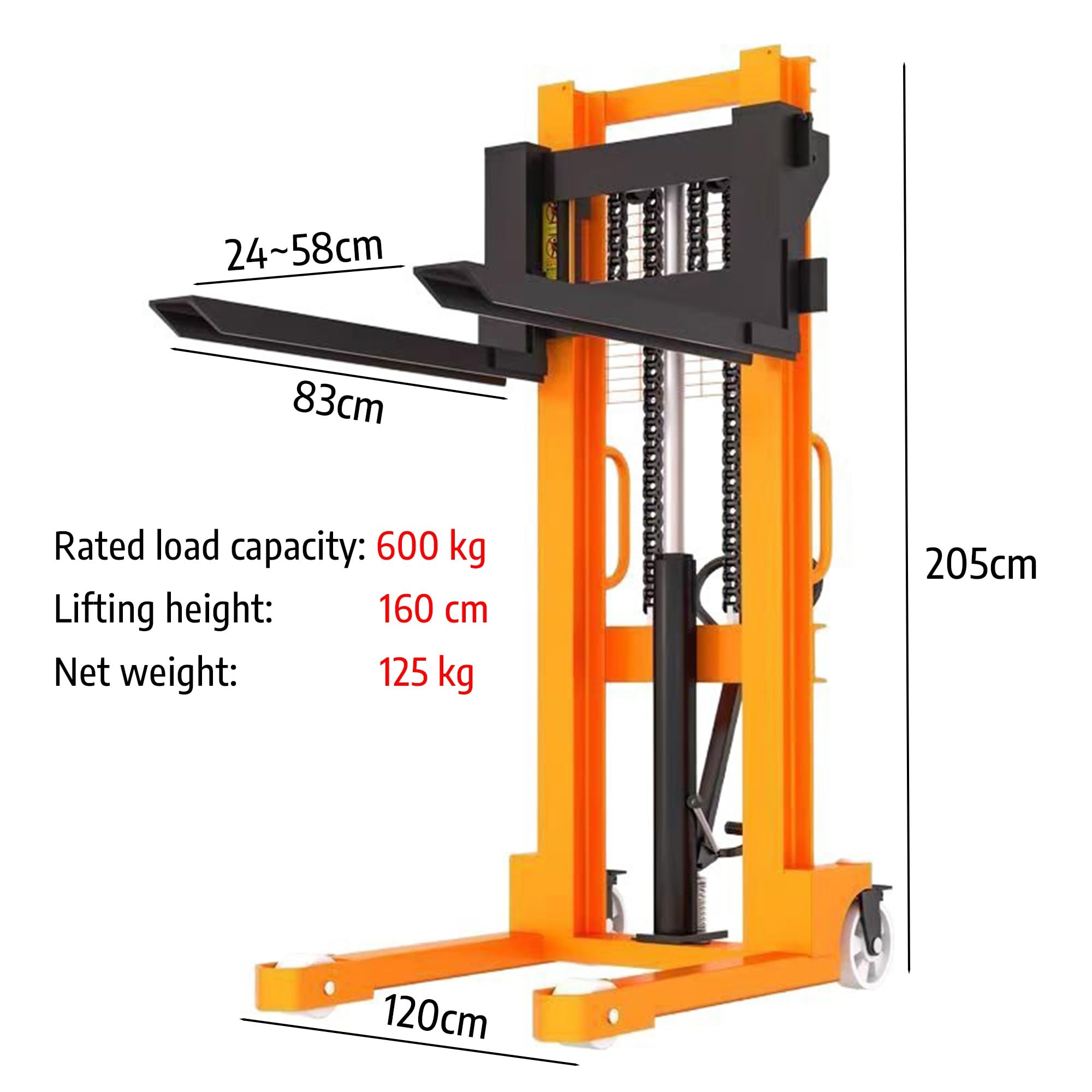 Carretilla elevadora manual apiladora manual – 63 pulgadas de altura, 32.7 pulgadas de longitud de la horquilla, diseño ligero, fácil de maniobrar con ruedas universales para uso en almacén y fábrica