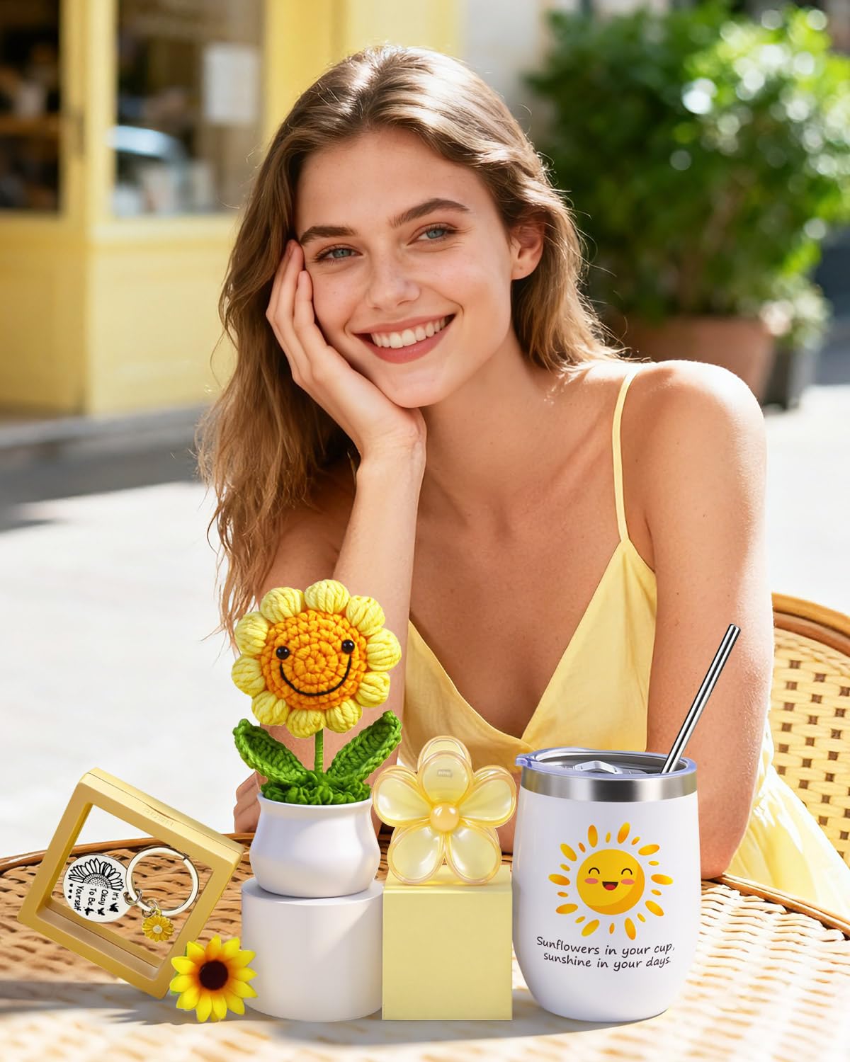 LIVEHITOP Regalo Compleanno Originale, Girasole Regalo Compleanno Donna San Valentino, Festa della Mamma, Natale 7PCS Idee Regalo Set Include Tazza Termica Mamma Moglie Figlia Fidanzata Collega