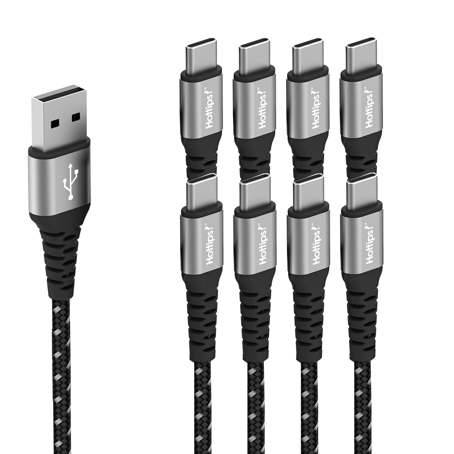 Hottips! USB C Cable 4ft Black Durable Braided Aramid Fiber 3A Fast Charge Type C Charger Cord with Type A, Compatible with Android, Samsung Galaxy, Note, Pixel, LG, Switch, PS5 Controller - (8 Pack)