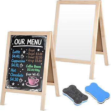 2 Pcs Chalkboard Easel, with 2 Erasers, 15.7x9.8 in Tabletop Stand Chalkboards, Double-Sided 1 Black+1 White A Frame Chalkboard Sign, Tabletop Menu Wooden Board, for Kitchen, Restaurant, Home Dec