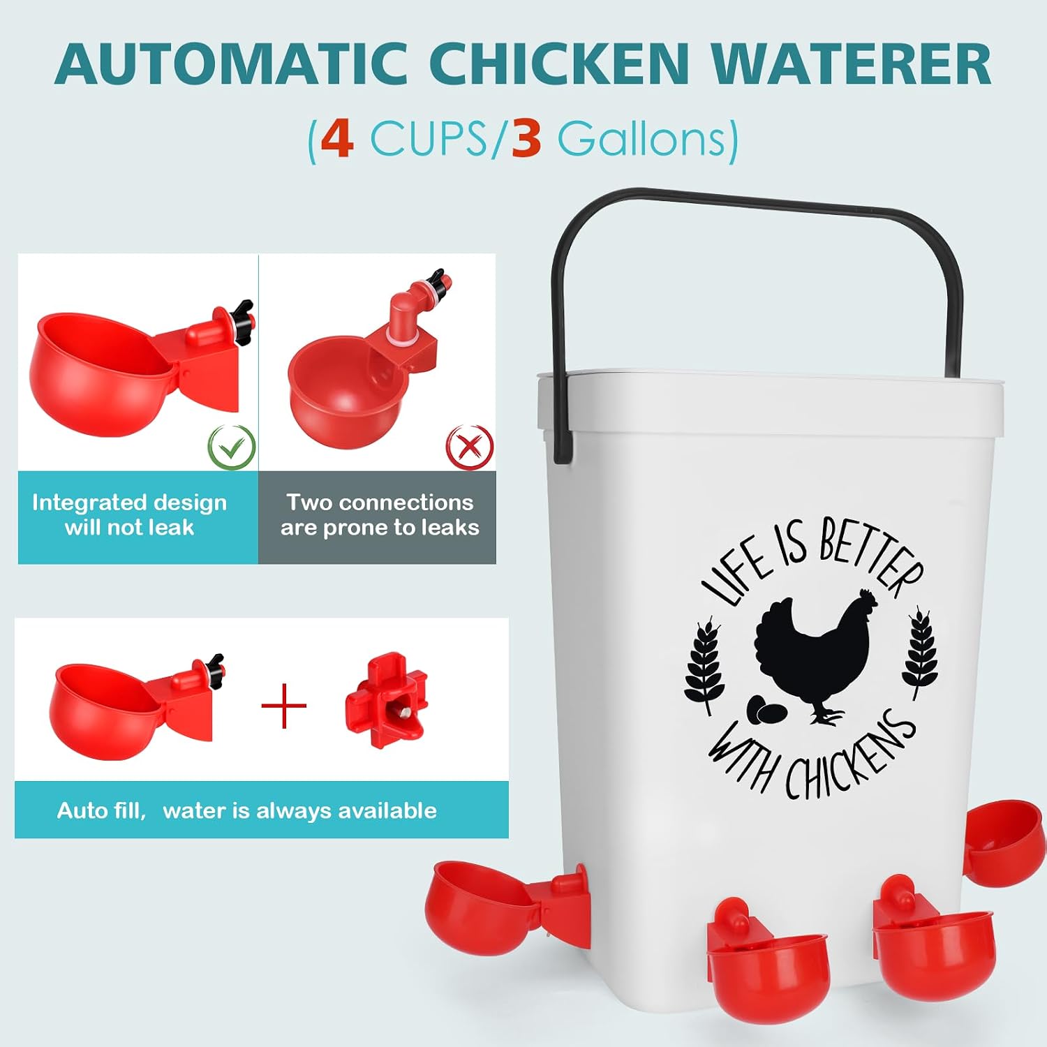 Tgeyd No-Waste Chicken Feeder & Waterer Set, 3 Gallon Automatic Waterer and 15 lb Hanging Feeder for Backyard Chickens, Modern Farmhouse Chicken Coop Essentials