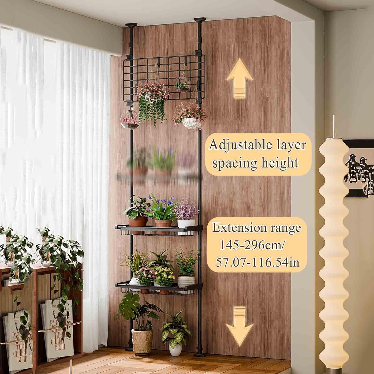 4-Tier Adjustable Indoor Plant Rack, Multi-Tier Flower Pot Display Rack, Telescopic Spring Tie Rod, Floor to Ceiling Flower Pot Storage Shelf with Hooks, Tension-Fixed Open-Type Tall Plant Shelf