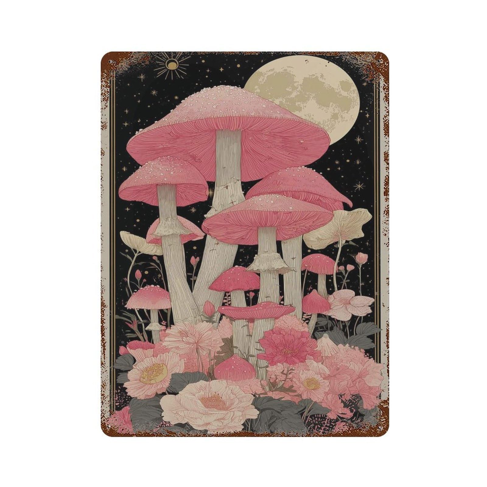 xiaoxiaoshen Mushroom Mystical Botanical Pink Fungi And Moon Work Fantasy Nature Inspired Boh Wall Decor Art Metal Tin Poster Modern Home Decor Art Home Bar Shop Decorations Vintage Sign 40x30cm