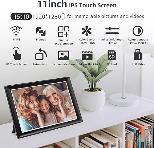 Miniatura 4 de Marco de fotos digital de 2K 64 GB y 11 pulgadas, WiFi6 y 5G, marco de fotos digital 1920 x 1280 FHD IPS pantalla táctil 100% sRGB, comparte fotos y