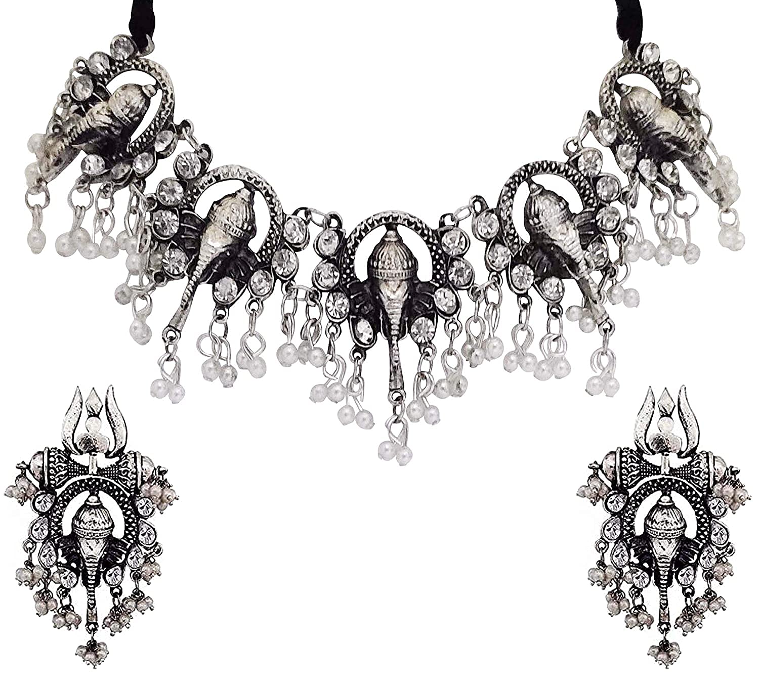 Womens Oxidised Ganesha Stone Choker with Earrings Set (B08T648CK2) Amazon Price History, Amazon Price Tracker