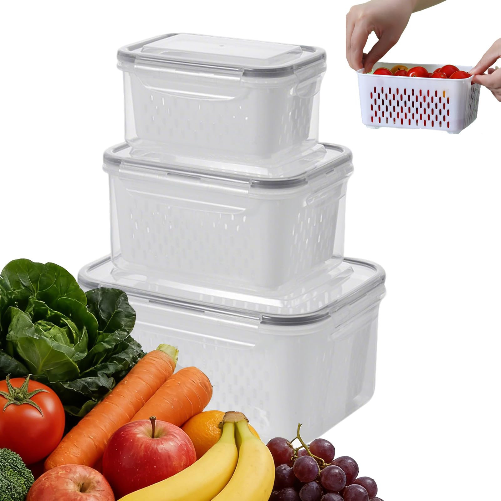 Eowduk 4 in 1 Food Storage Container, Household Transparent Plastic Food Storage Box-Including Drain Basket, Fruit Storages Containers for Fridge with Removable Colanders (Gray,Small+Medium+Large)