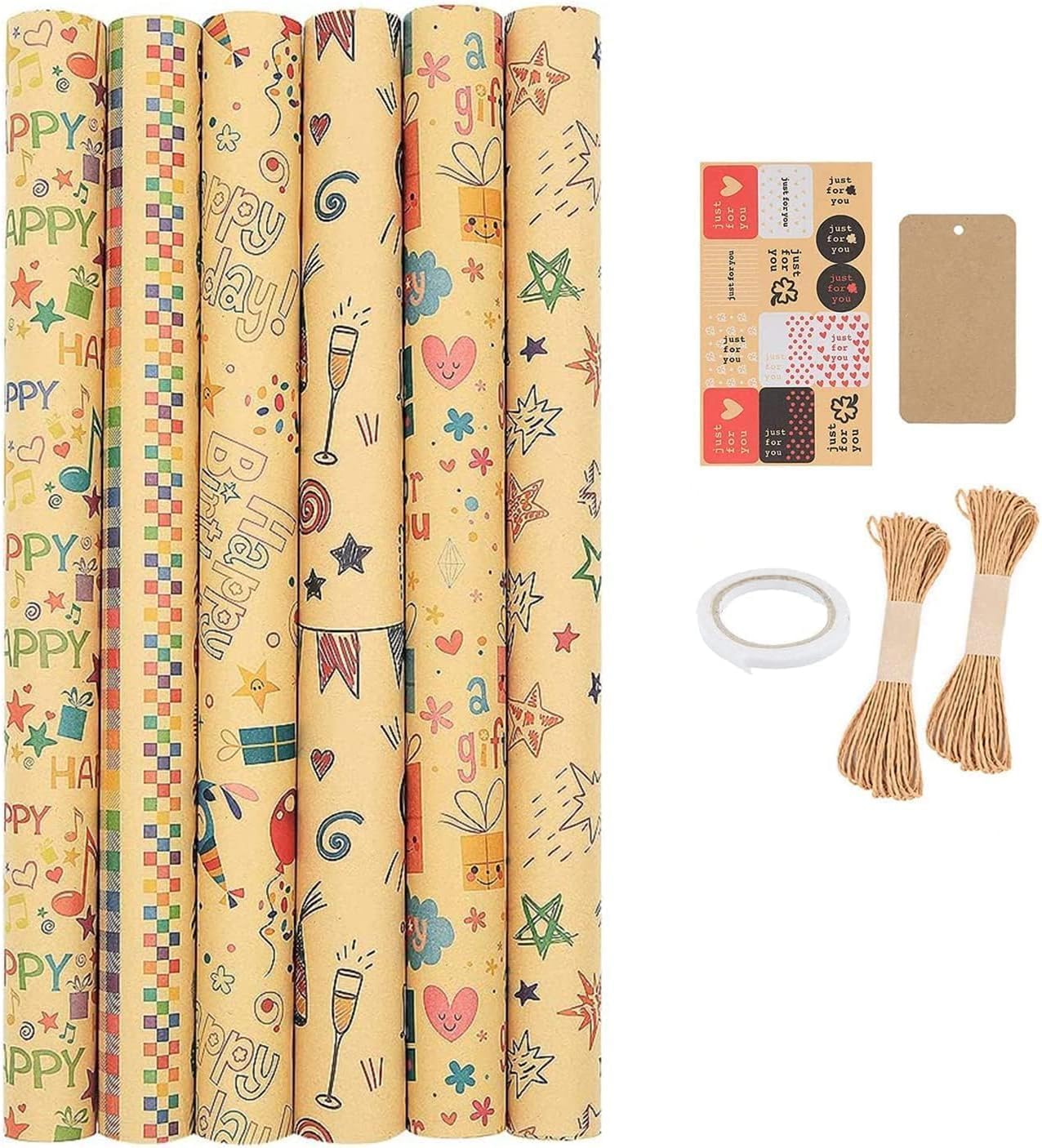 Xspring Hediye paketleme kağıdı, 6 adet 70cmx50cm geri dönüştürülmüş hediye paketleme kağıdı, doğum günü hediye paketi seti, çocuklar için mutlu yıllar paketleme kağıdı, tatil, doğum günü, parti
