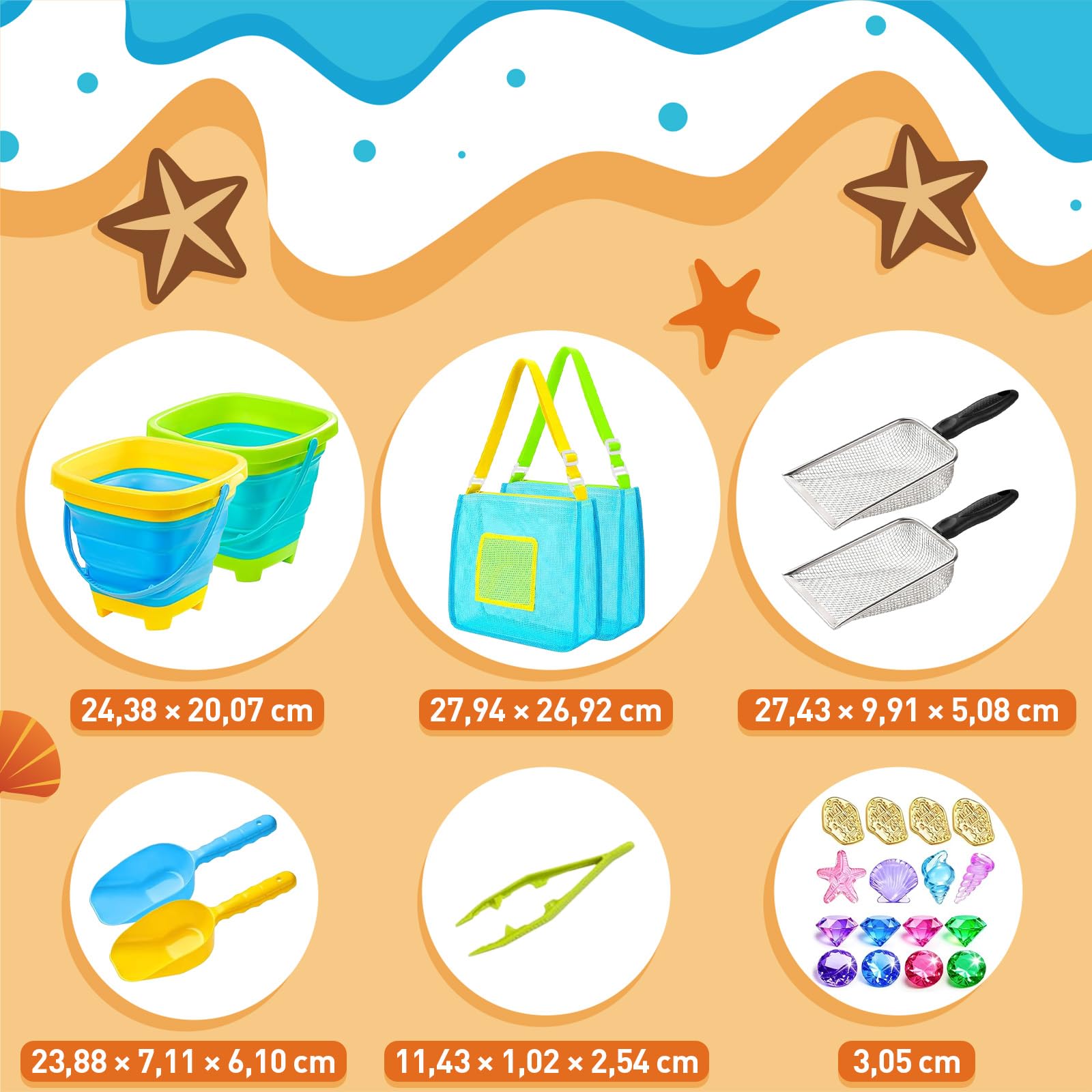 Sandspielzeug Set, Strandspielzeug für Kinder ab 1 2 3 4 5 Jahre, 25 PCS Sandkasten Spielzeug mit 2 Sandschaufel, Faltbarer Eimer, Sandsieb, Netzbeutel, Edelsteinen, Für Jungen Mädchen
