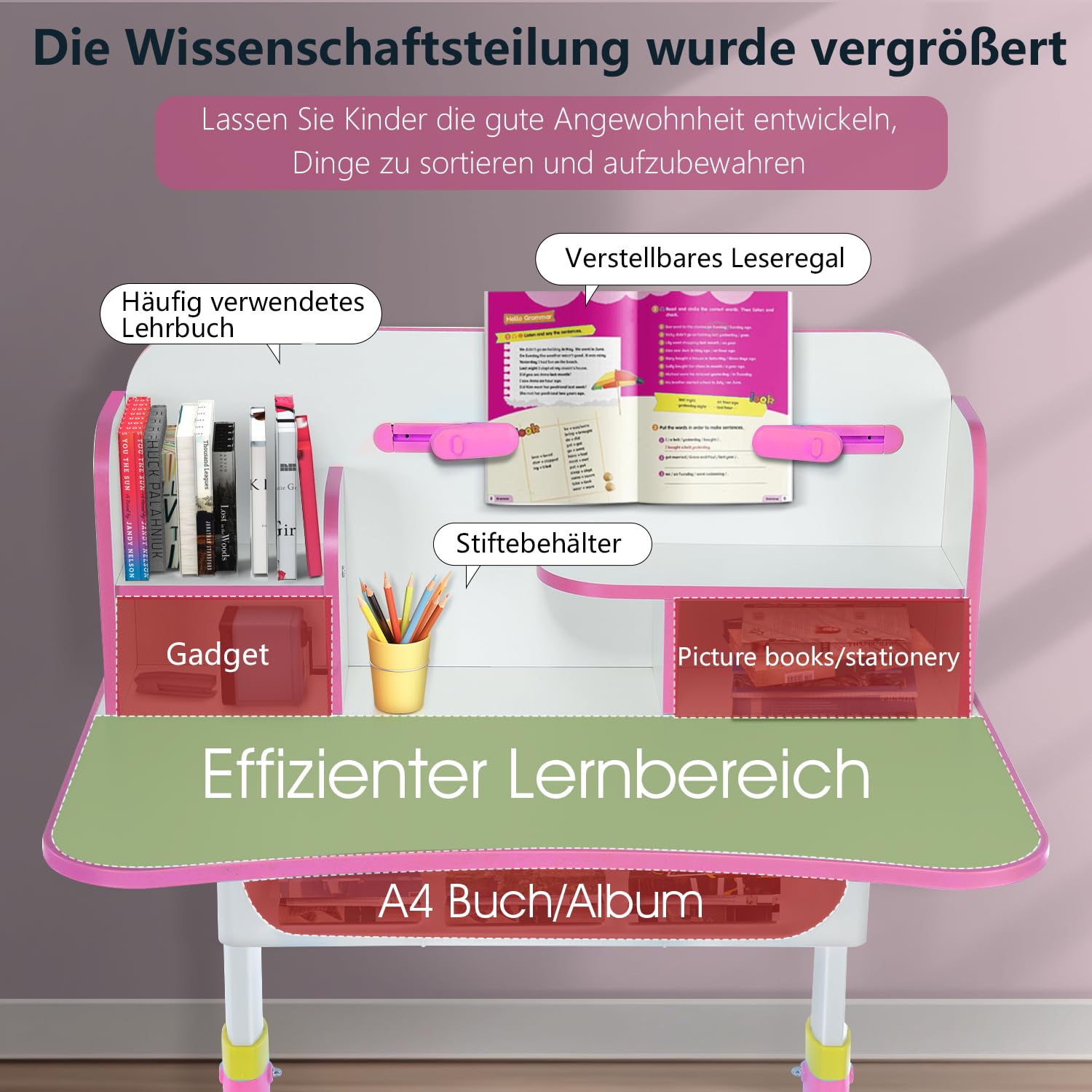 Kinderschreibtisch Set, höhenverstellbarer Kindertisch und Stuhl mit Schublade & Bücherständer, Kinder Schreibtisch für Jungs & Mädchen (Normales-Rosa)