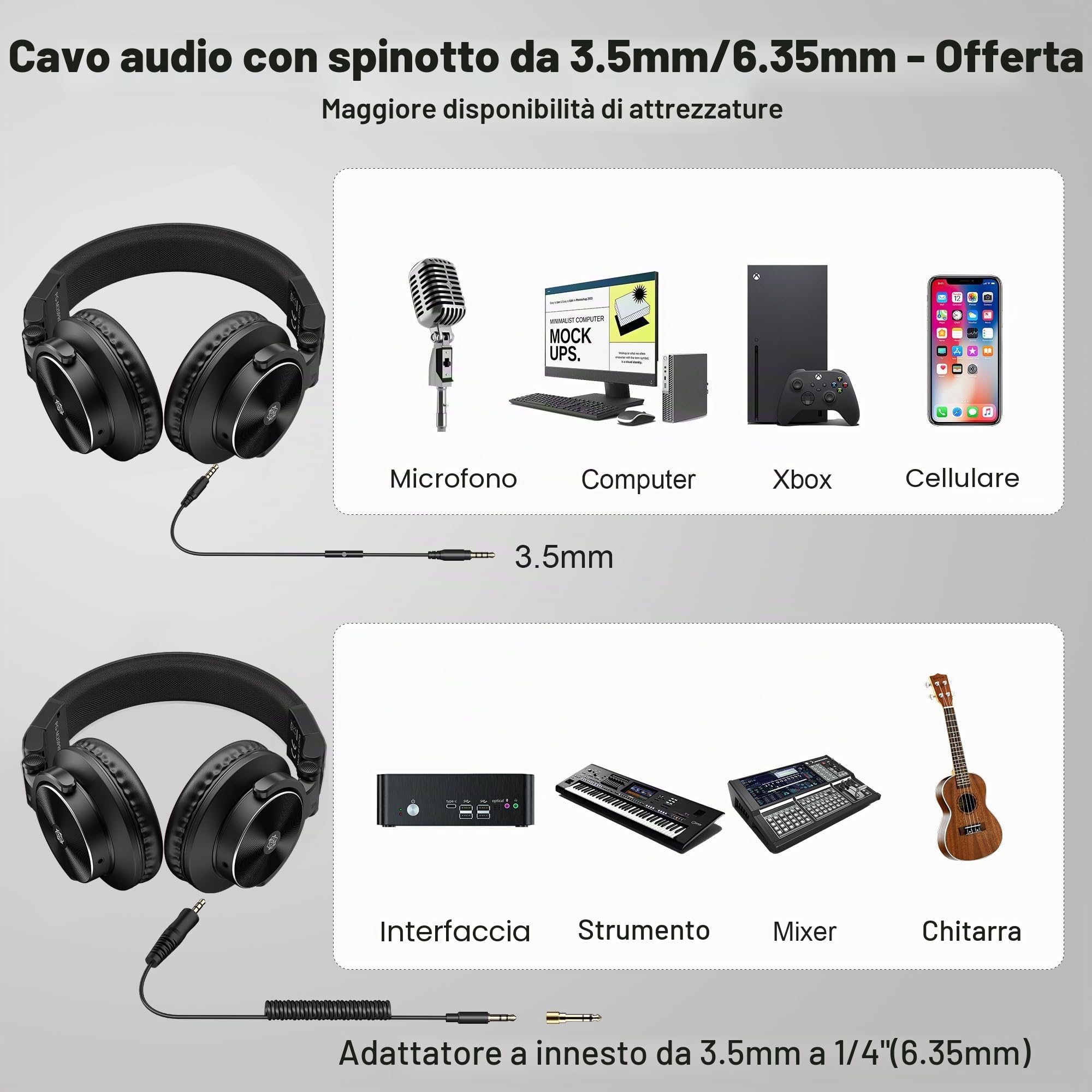 Ortizan Cuffie over-ear cablate – Cuffie da studio – Stereo professionale ad alta risoluzione 40 kHz – registrazione DJ cuffie monitor audio – jack audio da 1/4 a 3,5 mm per registrazione/mixaggio