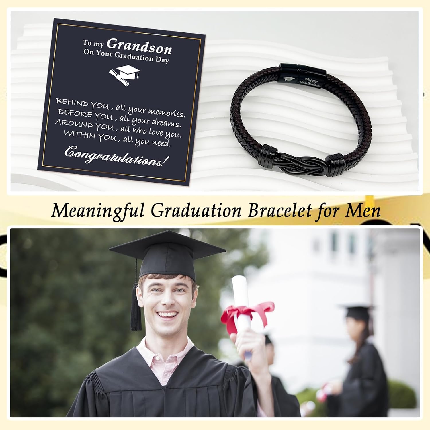 Mens Engraved Leather Braclets Gifts for Him Dad Husband Son Grandson Nephew Brother Friends, Cool Stainless Steel Love Knot Infinity Leather Bracelets for Men Girthday Graduation Christmas