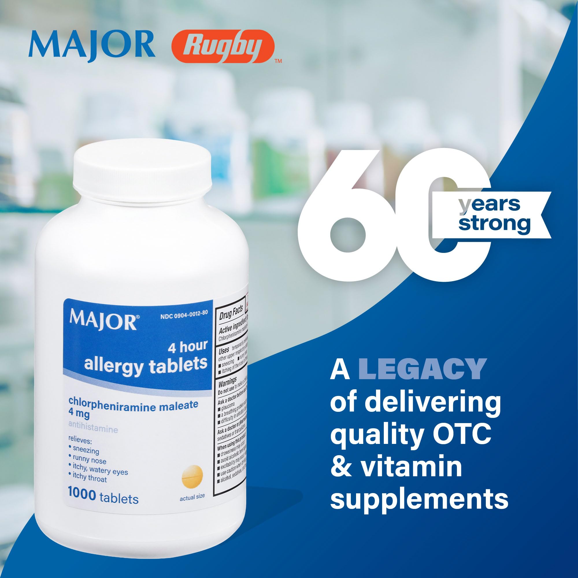MAJOR 4 Hour Allergy Tablets - Chlorpheniramine Maleate - 4 mg - Antihistamine - 1000 Count (1 Pack) — Amazon image 2