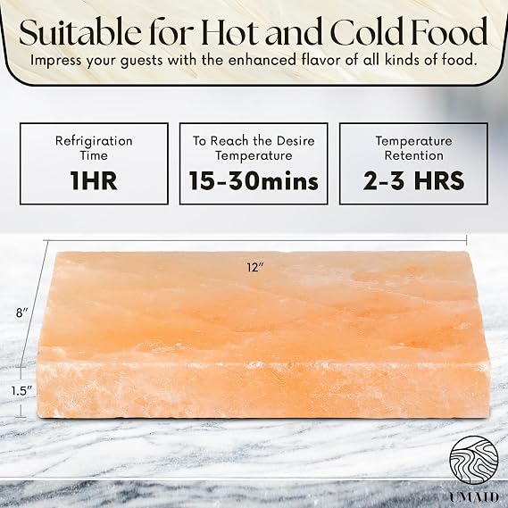 UMAID Himalayan Salt Block Cooking Plate 12x8x1.5 Food Grade Pink Himalayan Salt Stone for Cooking, Grilling, Serving & Food Presentation Includes Stainless Steel Tray & Recipe Booklet Unique Gifts for Men & Dad Gifts for Fathers Day
