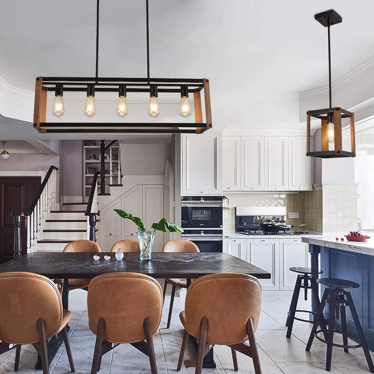 KaiXin MKONOL 5 Light Farmhouse Rectangle Island Lights Dining Room Lighting Fixtures Hanging,Industrial Vintage Kitchen Island Cage Pendant Light - - 