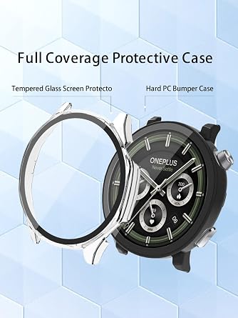 OnePlus Watch 3 スマートウォッチ2025アップグレード版用ケース ハードPCスクリーンプロテクター OnePlus Watch 3.9H用 強化ガラス 超薄型 フルカバー 耐衝撃バンパー 2パック、透明+ブラック