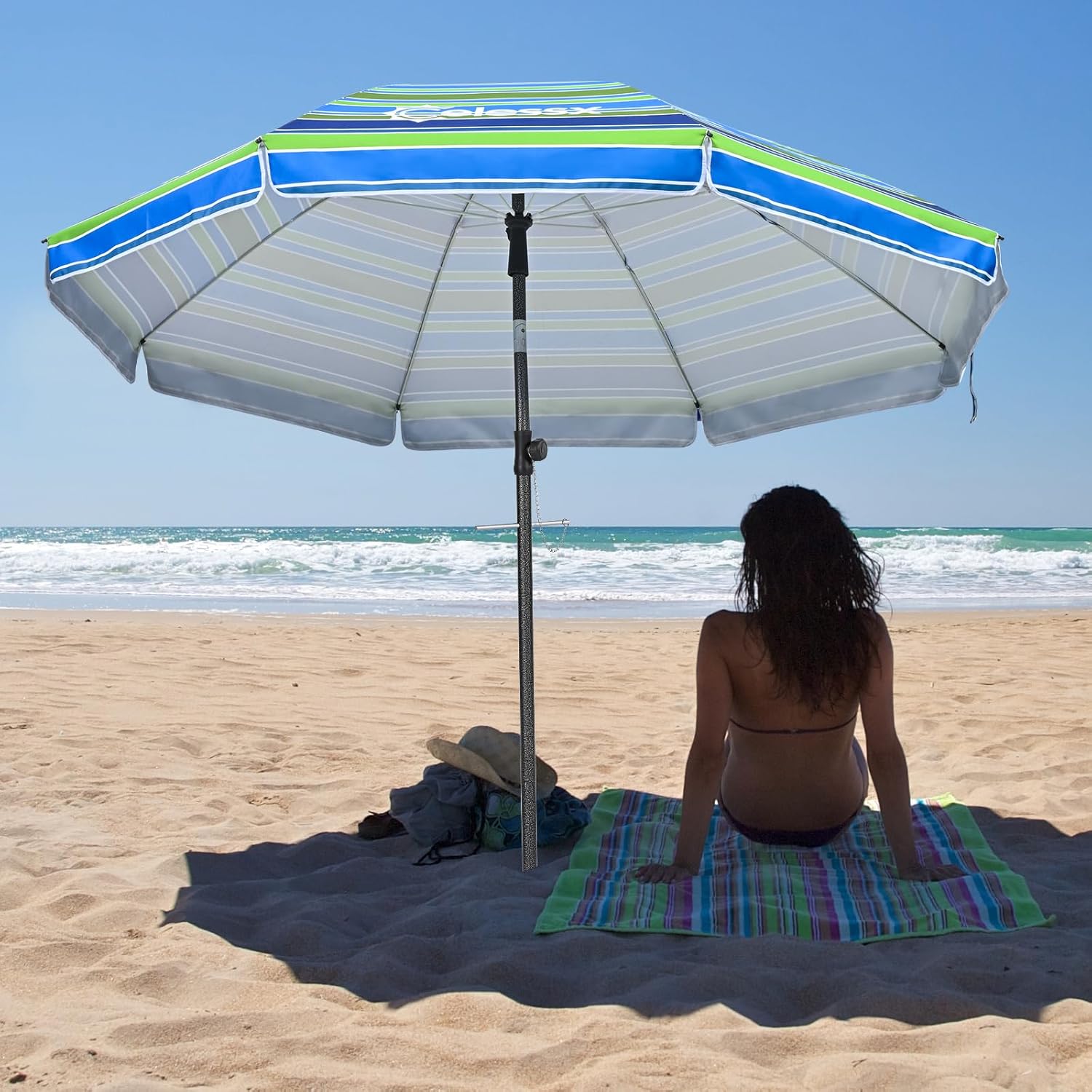 Beach Umbrella for Sand - Windproof Heavy Duty Iron Pole with Sand Anchor, UPF 50+ UV Protection & Tilt Mechanism, Portable Sun Shade Parasol, Carrying Bag for Beach Patio Garden Outdoor