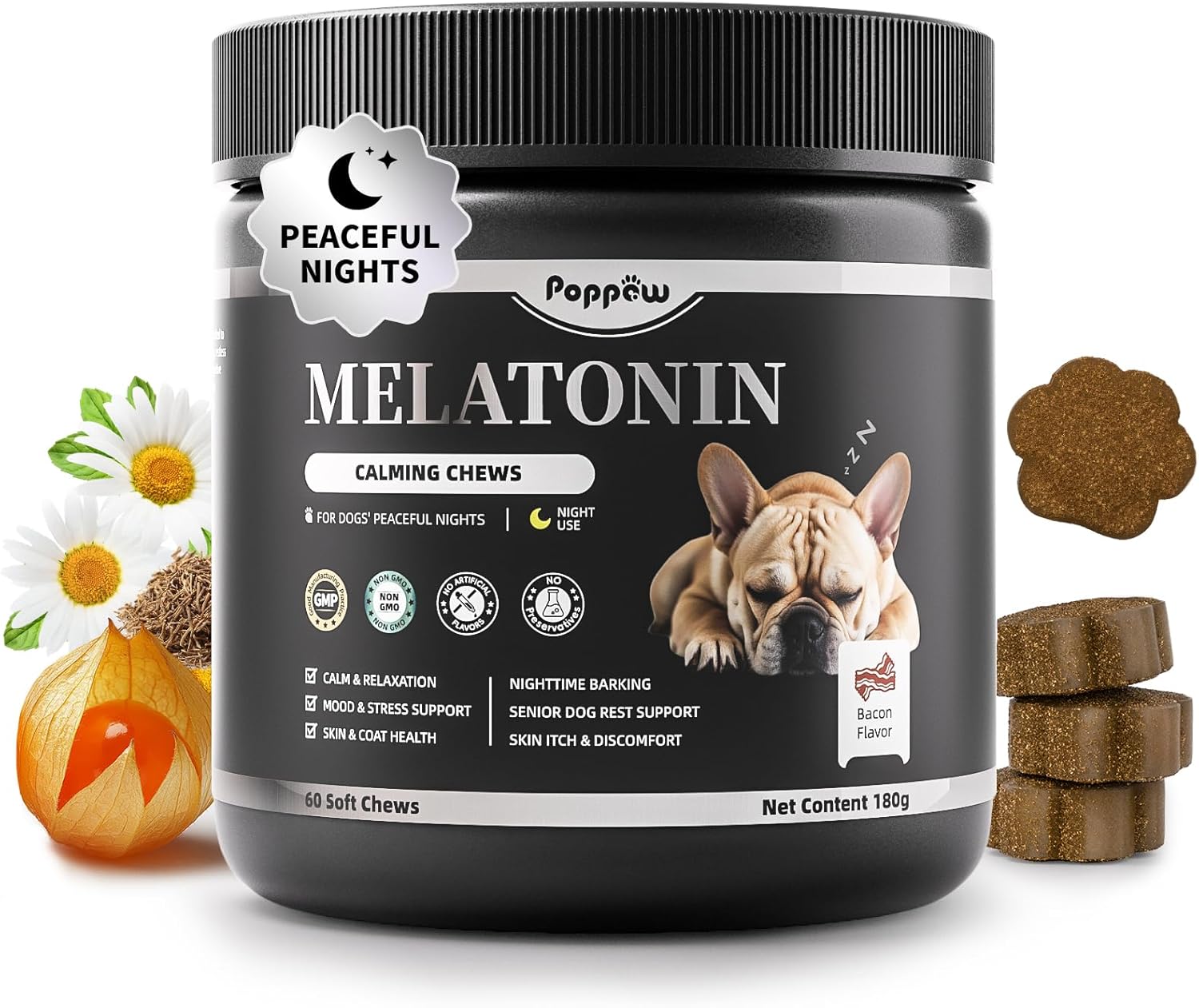 Melatonin for Dogs, Calming Chews with Valerian Root & L-Theanine for Sleep Aid & Emotional Support, Calming Treats for Stress Anxiety Relief – Thunder, Fireworks, Barking, Bacon Flavor, 60Ct