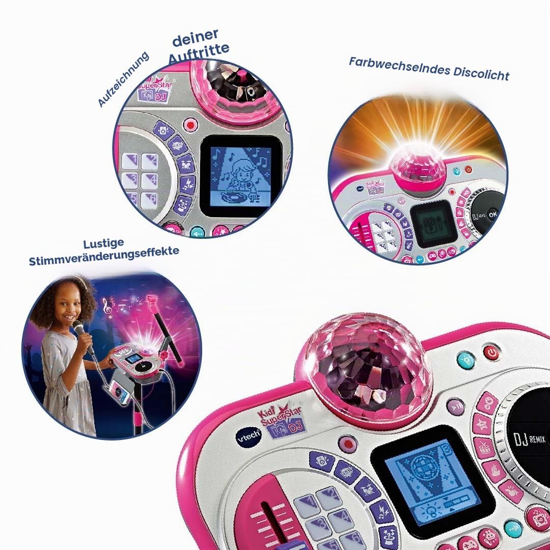 VTech Kidi Super Star DJ Kinder DJ Spielzeug Mikrofon Spielzeug mit eingebauten Liedern und Soundeffekten Mikrofon und verstellbarem Ständer Karaoke Spielzeug Geschenk für 6 7 8 9+ Jahre Englische