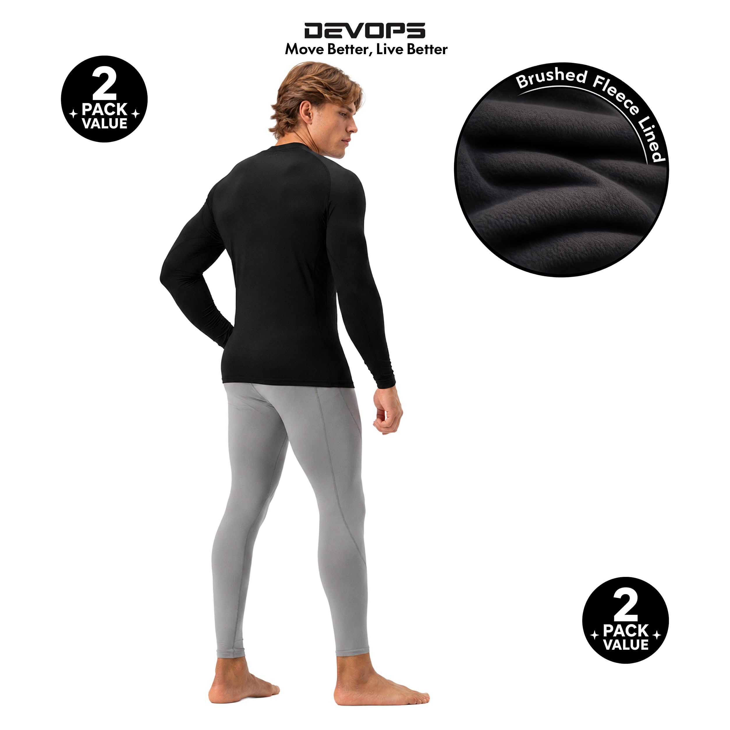 Devops Herren Devops 2 Pack Men's Thermal Mock Neck Long Sleeve Compression Shirts Fleece Lined Base Layer Tops Eng anliegend (2er Pack)