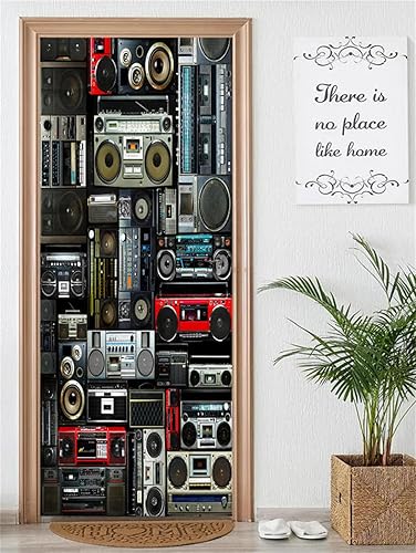 artfanke Adhesivo 3D para puerta, 33.5 x 84.6 pulgadas, papel tapiz autoadhesivo impermeable, mural para puerta, póster vintage de radio Boombox de