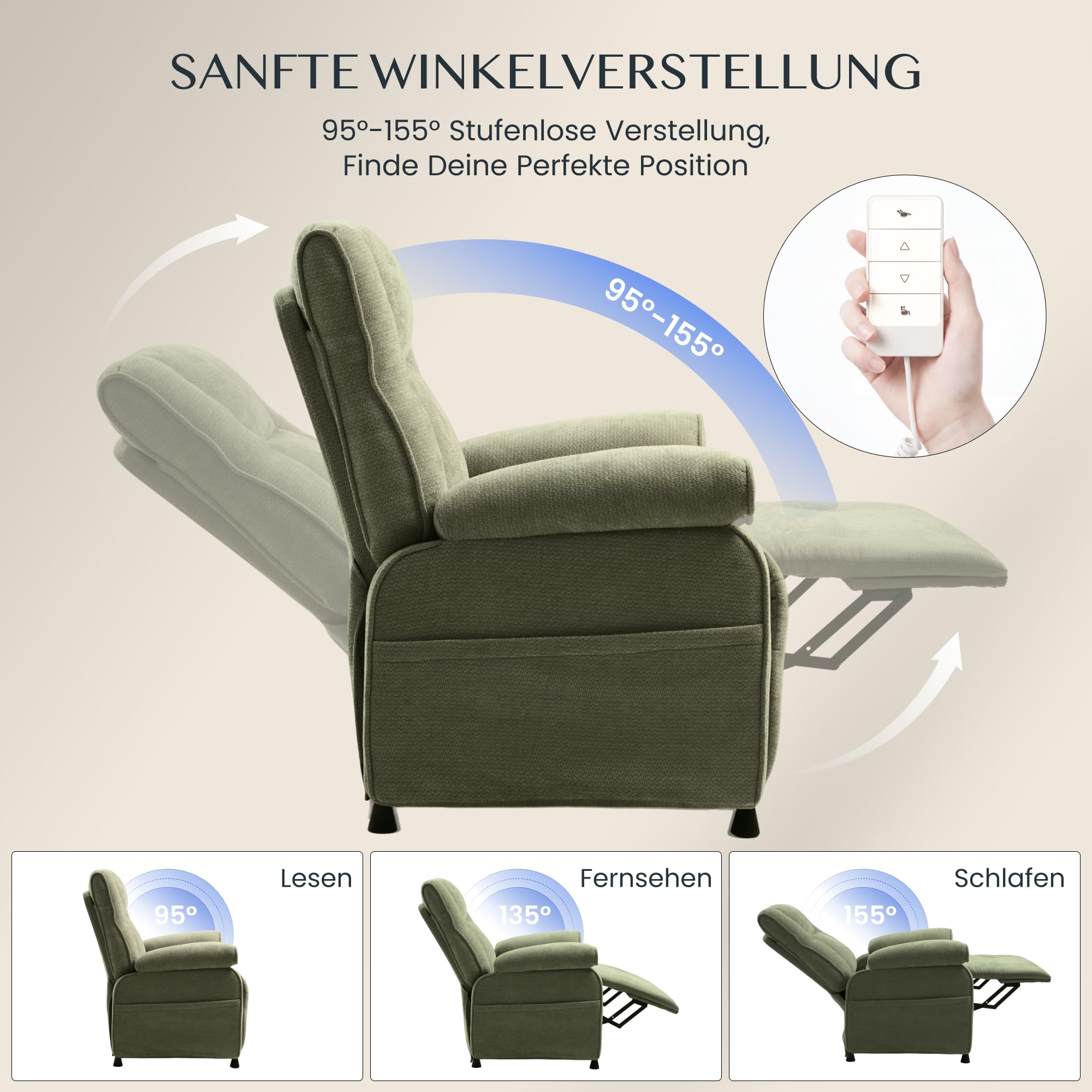 FLEXISPOT Elektrischer Relaxsessel mit Liegefunktion 105°–155°, zusätzliche Schnellbedienung für Aufrichten und Zurückstellen, extra Dicke Polsterung, belastbar bis 150 kg, X3(Grün)