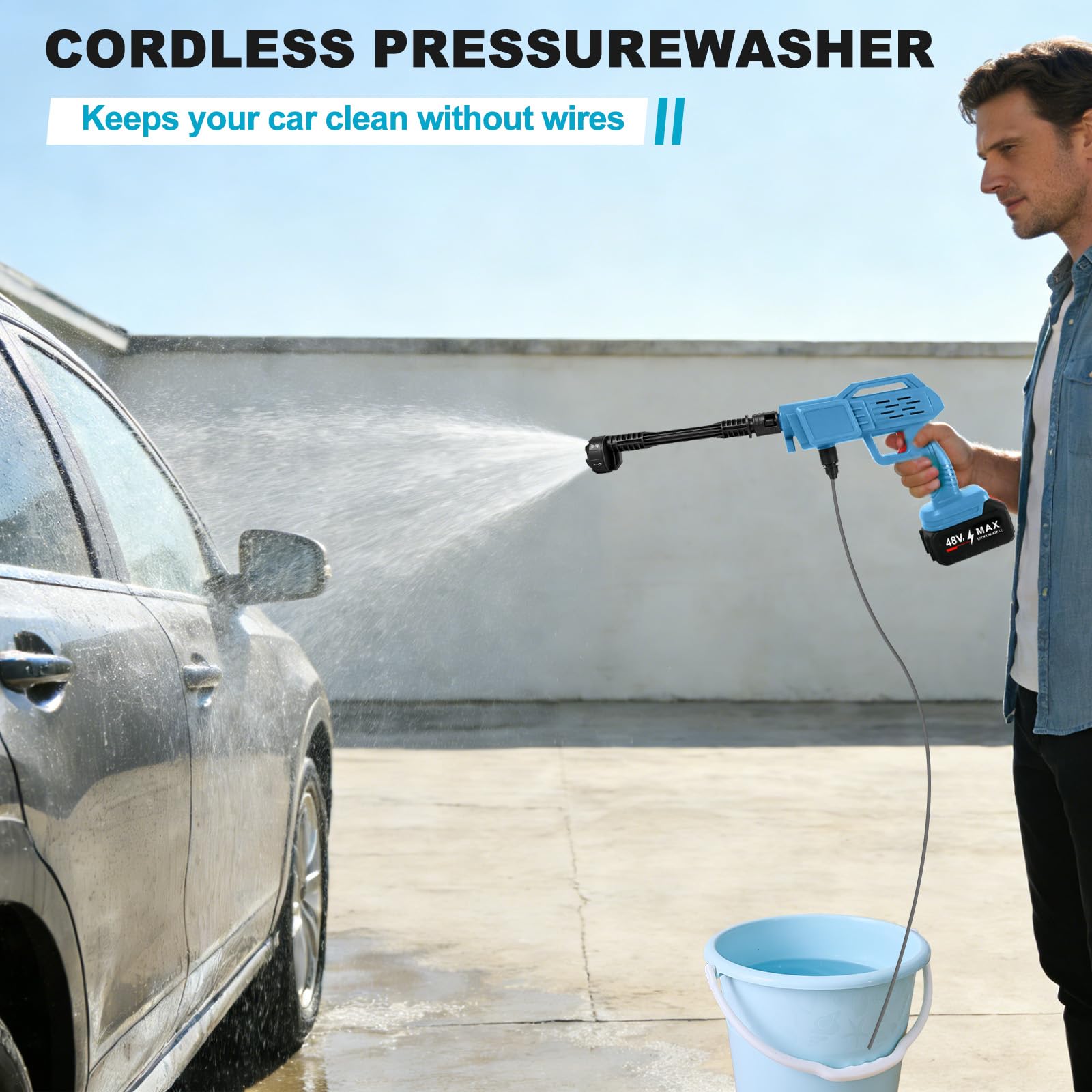 Hidrolimpiadora de Batería, Hidrolimpiadora de Alta Presion con de 2,0Ah Bateria, Boquilla 6 en 1, Manguera de 5M, Portátil Pistola de Agua a Presión para Limpiar Coche, Jardín (con batería)
