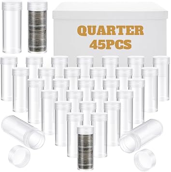 Qunclay 45 Pcs Quarter Tubes for Coins Clear Plastic Quarter Storage Tubes with Screw Lid Containers for Coins Collection Supplies 3 x 1 Inch