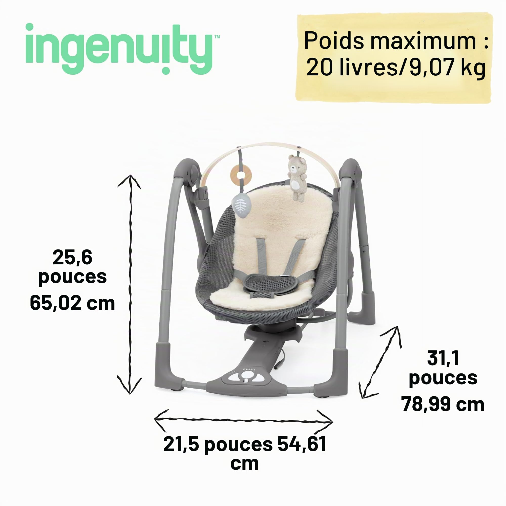 Ingenuity, Balancelle Portable Every Season Swing 'n Go avec Arc d'Activités en Bois Amovible et Balancement Motorisé, pour Enfants de 0 à 9 Mois, Gris - Wesley