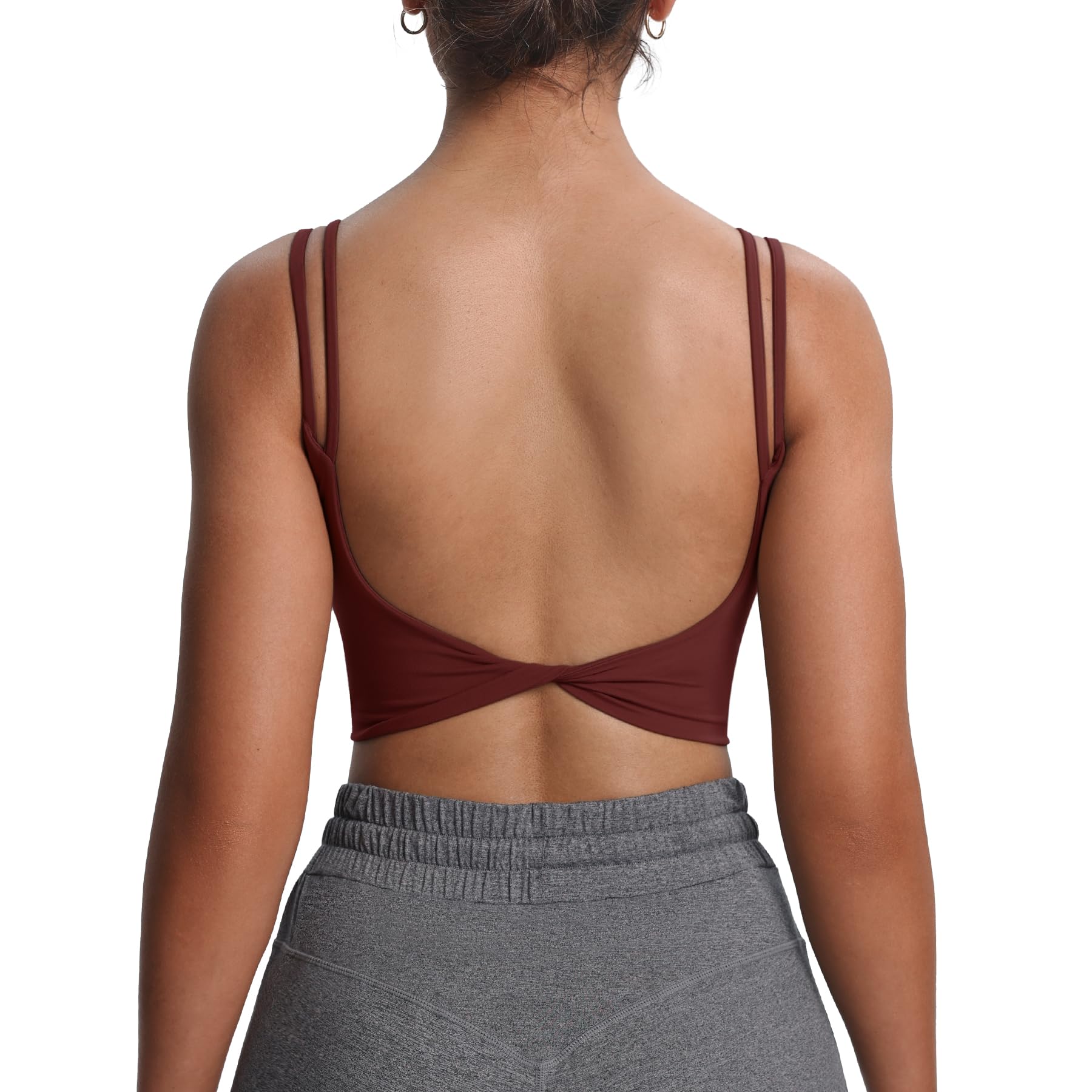 Aoxjox Women's Workout Sports Bras Fitness Yoga Crop Tank Twist Back Cami, Rum Raisin, M
