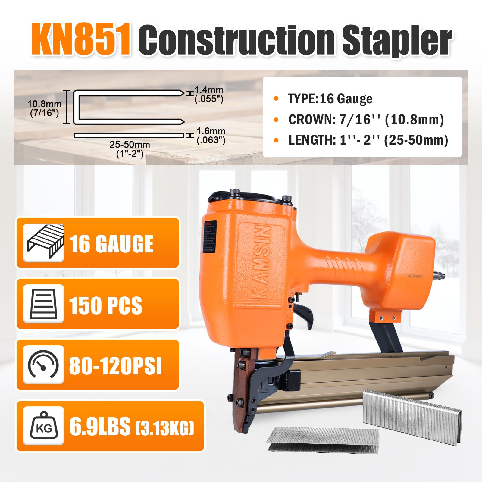 N851 - Grapadora neumática de construcción de calibre 16 de 7/16 pulgadas de corona mediana con marco de seguridad, acepta grapas de 1 a 2 pulgadas de longitud, engrapadora de alambre pesado