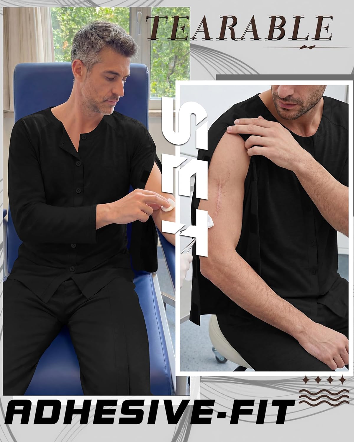 Mens Post Shoulder Surgery Shirt Tear Away Pant Fully Open Bedridden Patient Clothing Adaptive Hospital Gown Set - Image 4
