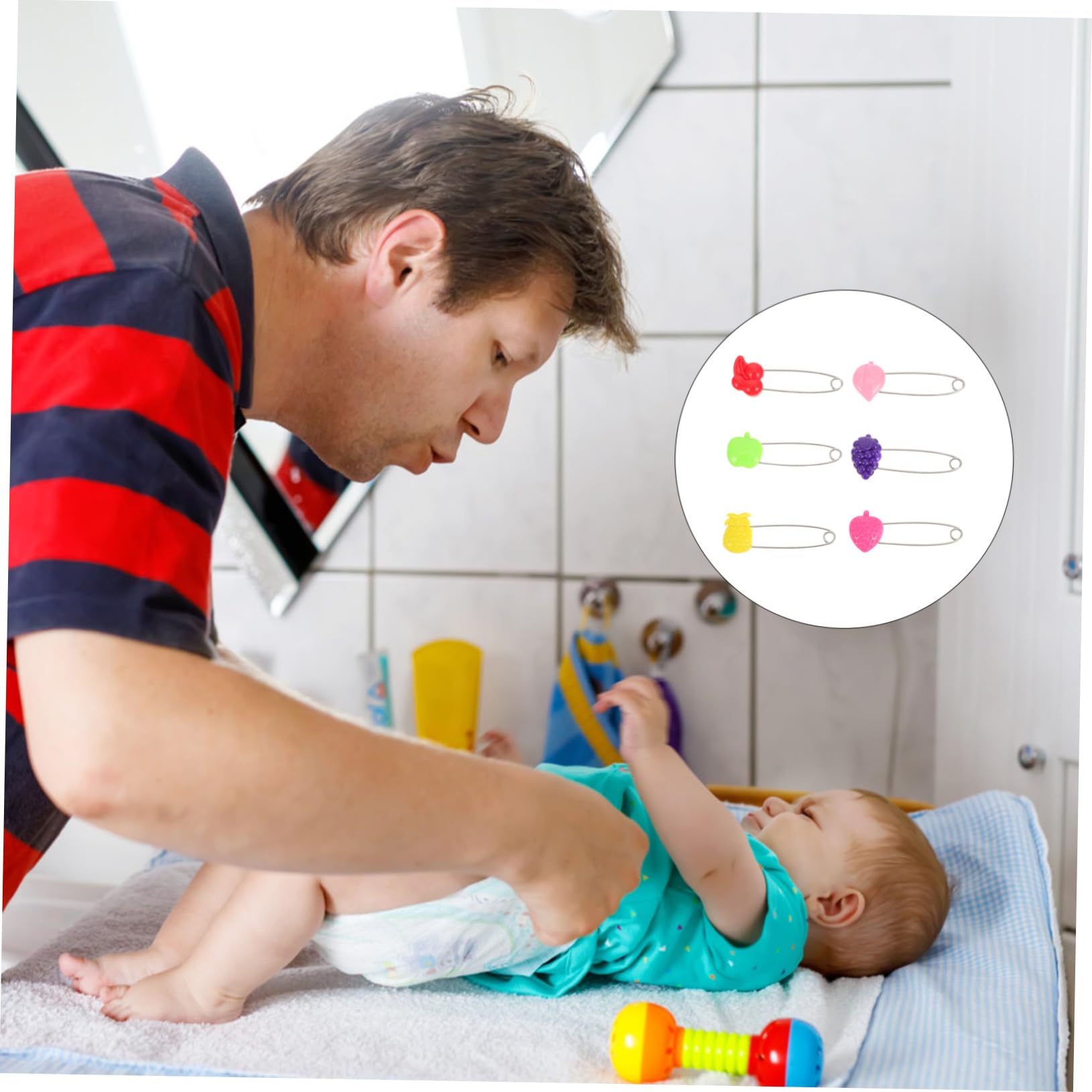 Gogogmee Diaper Pin Set 30pcs Large Safety Cap Stainless Steel Nappy Pins for Baby Diapers Craft Projects Fruits Pattern