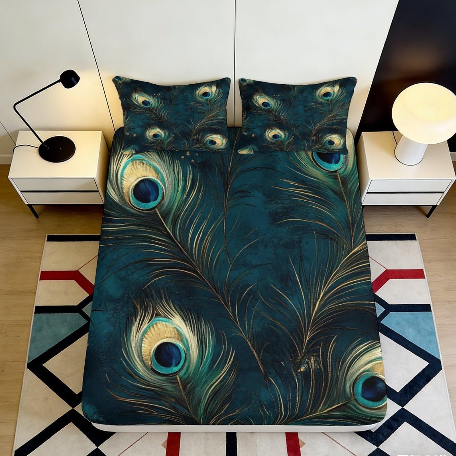 3D Printed Peacock Feather Fitted Sheet Microfiber Non-Slip Deep Pocket Peacock Feather Mattress Fitted Cover for Bedroom 140x200x25cm
