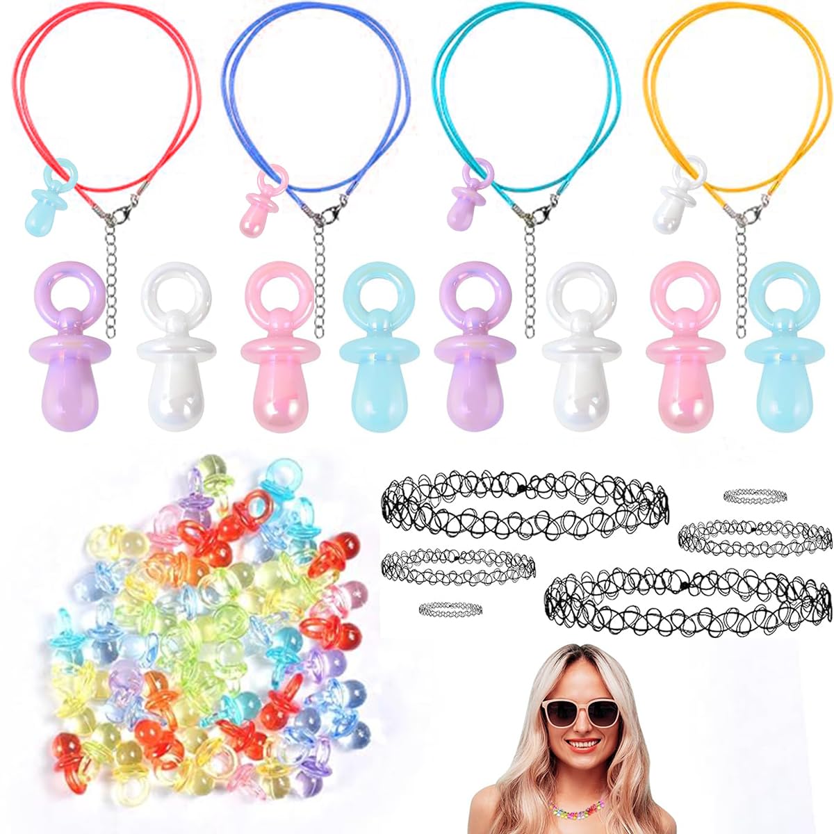 Ruayia 90er Jahre Accessoires Schnullerkette, 60 Stück Acryl-Schnuller Tattoo Kette 90s Set, Outfit Damen Preis Leistung Wachseil Dekoschnuller Mitgebsel Geschenk für 80 90er Mottoparty - Style2